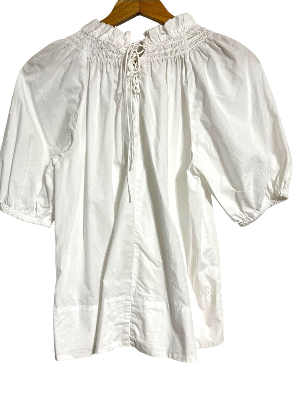 J Crew Smocked Neck Puff-Sleeve Lace Up Back Cotton Poplin Top in White Sz S - Picture 4 of 12
